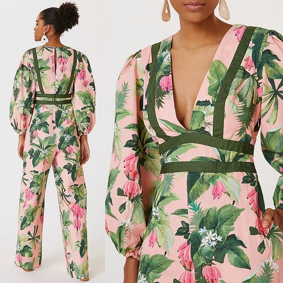 ☆Farm x Anthropologie Pink & Green Floral Print Deep-V Jumpsuit☆ - Picture 2 of 4